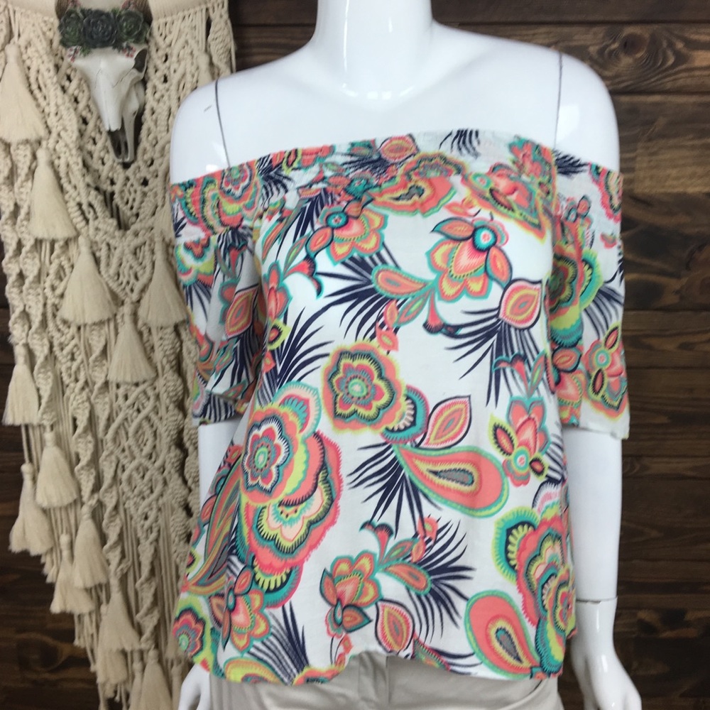 Red Camel | Vibrant Smocked Off Shoulder Paisley Blouse